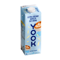 A 1L carton of Yook Extra Creamy Barista Oat Drink on a plain white background. The packaging is light blue with dark blue branding and illustrations of oat flakes and coffee cups.