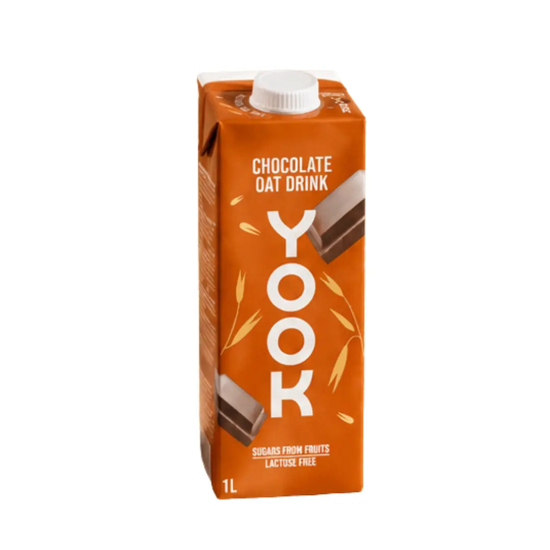 A 1-liter carton of Yook Chocolate Oat Drink on a plain white background. The carton is orange with white text and graphics of chocolate bars and oat leaves.