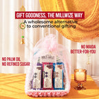 A gift basket of Millwise branded granola bars wrapped in a clear mesh bag with a pink ruffled base, displayed on a yellow draped table with decorative hanging ornaments and a candle. Text overlays highlight product benefits.