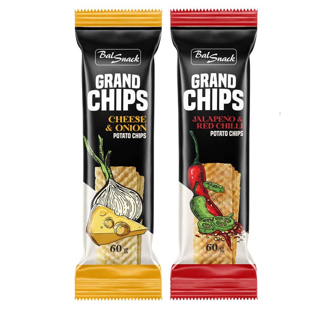 GRAND CHIPS Cheese and Onion + Jalapeno and Red Chillies Combo (60+60 gm)