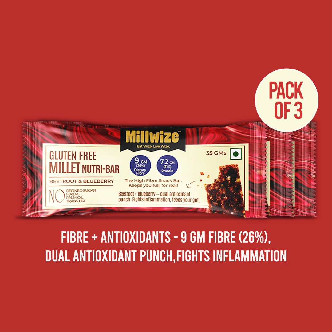 A pack of Millwize Gluten Free Millei Nutri-Bar snack bars in Beetroot & Blueberry flavor, shown on a solid red background with promotional text and a 'PACK OF 3' badge.