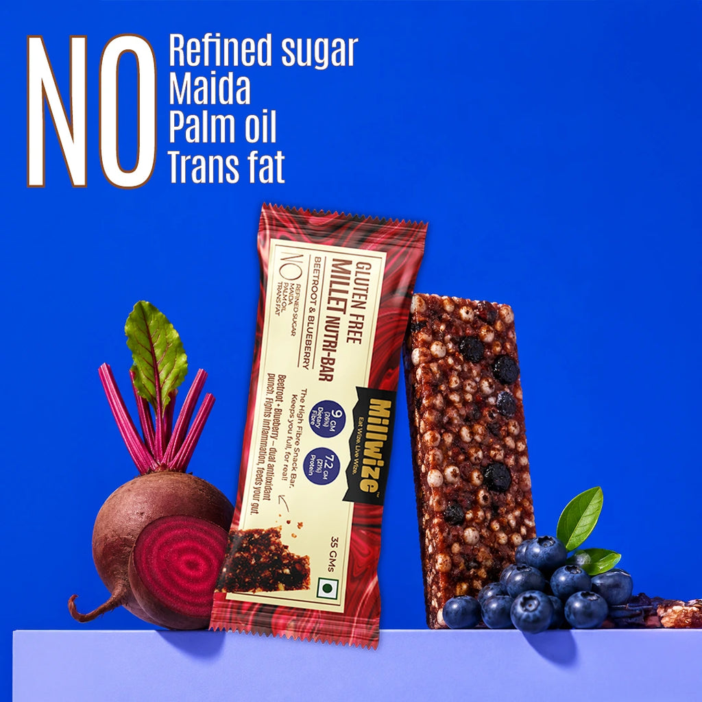 A packaged gluten-free miller nut bar stands next to an unwrapped bar, with a beet and blueberries used as ingredient props, on a bright blue background. Large white text at the top reads 'NO Refined sugar Maida Palm oil Trans fat'.