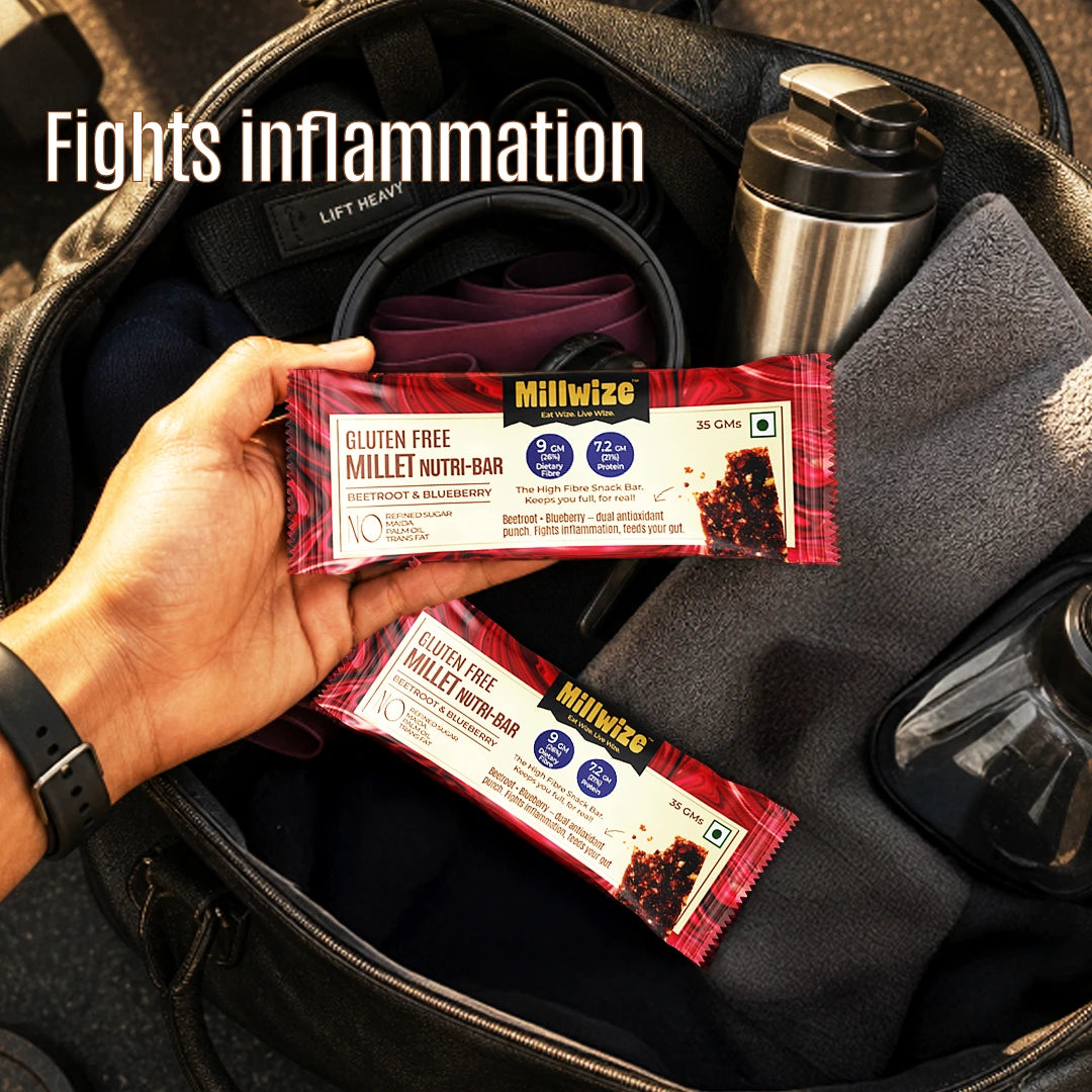 A hand holds a Millwize Gluten Free Millet Nutri-Bar inside an open black bag, with another bar below it and travel items like a tumbler and towel visible in the background. White text at the top reads 'Fights inflammation'.