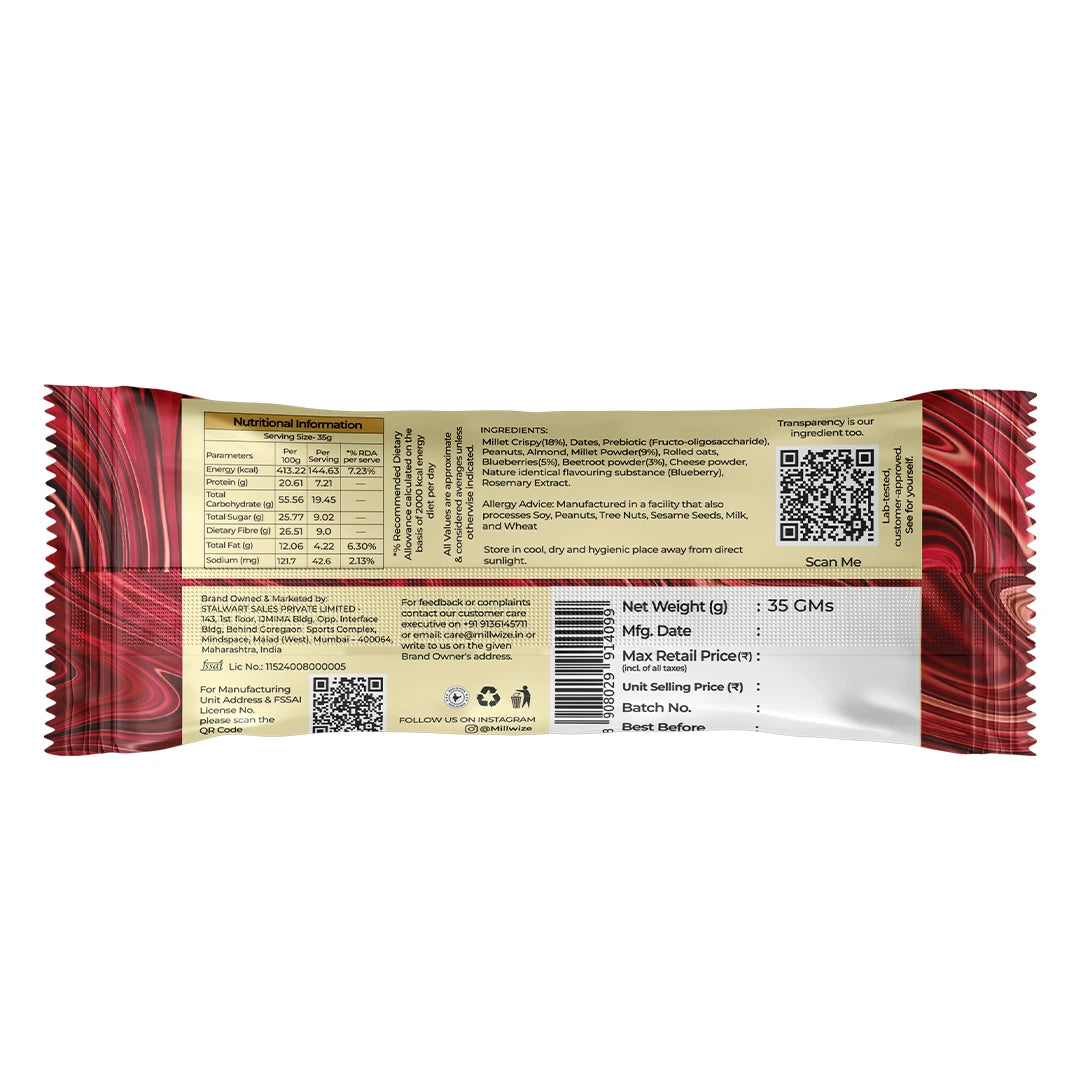 The back of a packaged snack bag shown flat against a white background, displaying nutritional facts, ingredients, and product details including net weight 35 g and a barcode.