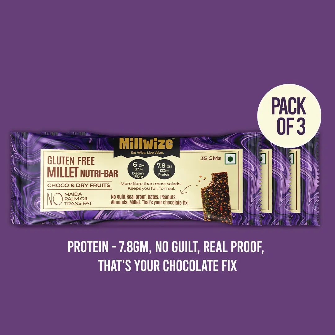 A Millwize Gluten Free Millet Nutri-Bar chocolate bar package on a purple background, with a white circle reading 'PACK OF 3' and marketing text below. The bar packaging is purple and cream with a chocolate piece shown on the front.