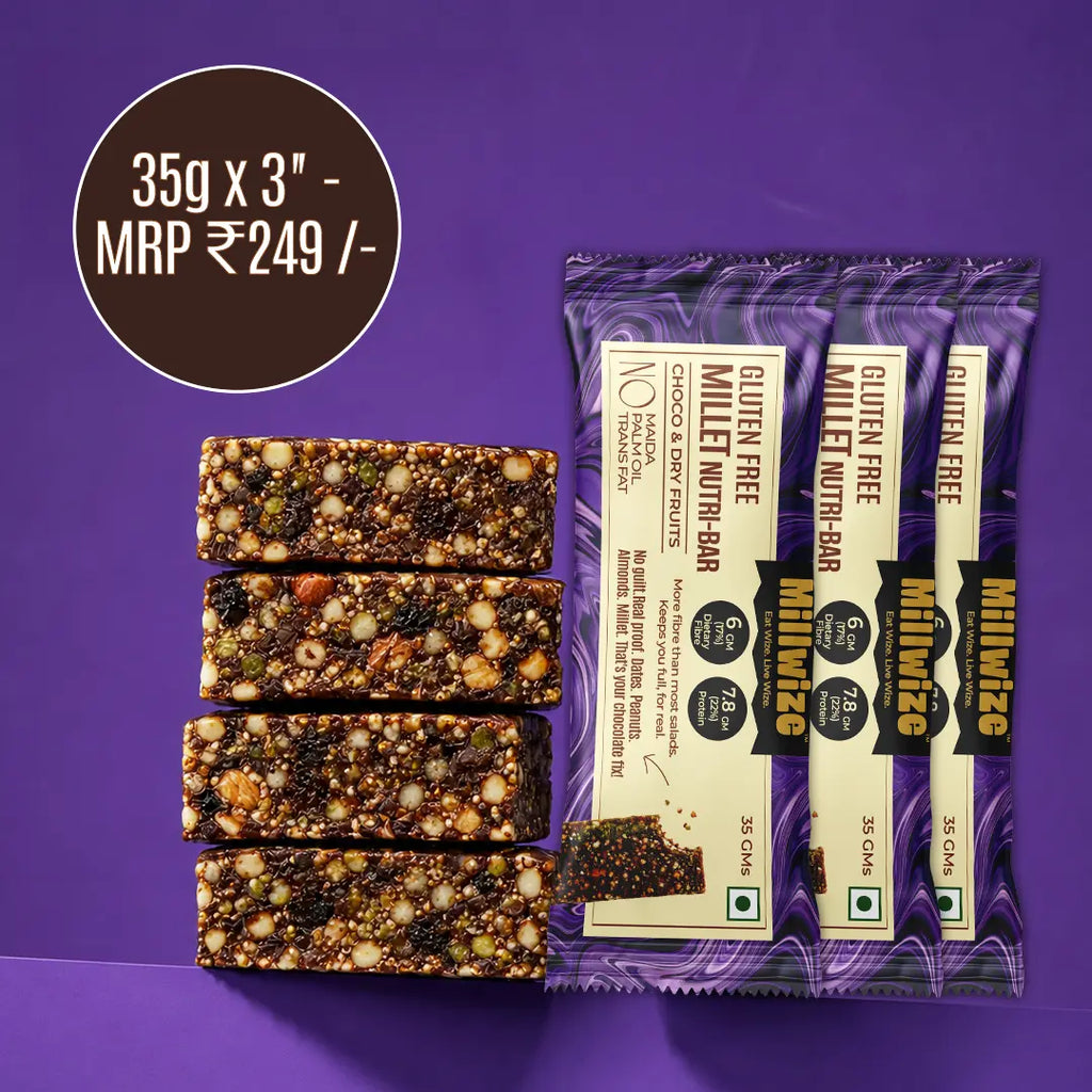 Four chocolate-free gluten free nut and seed energy bars displayed next to their purple and beige packaging wrappers, with a dark brown promotional price circle overlay on a solid purple background.