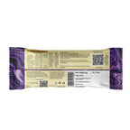 The back of a packaged snack bar wrapper, featuring a purple marbled design on the sides and a beige information panel with nutritional facts, QR codes, and product details.