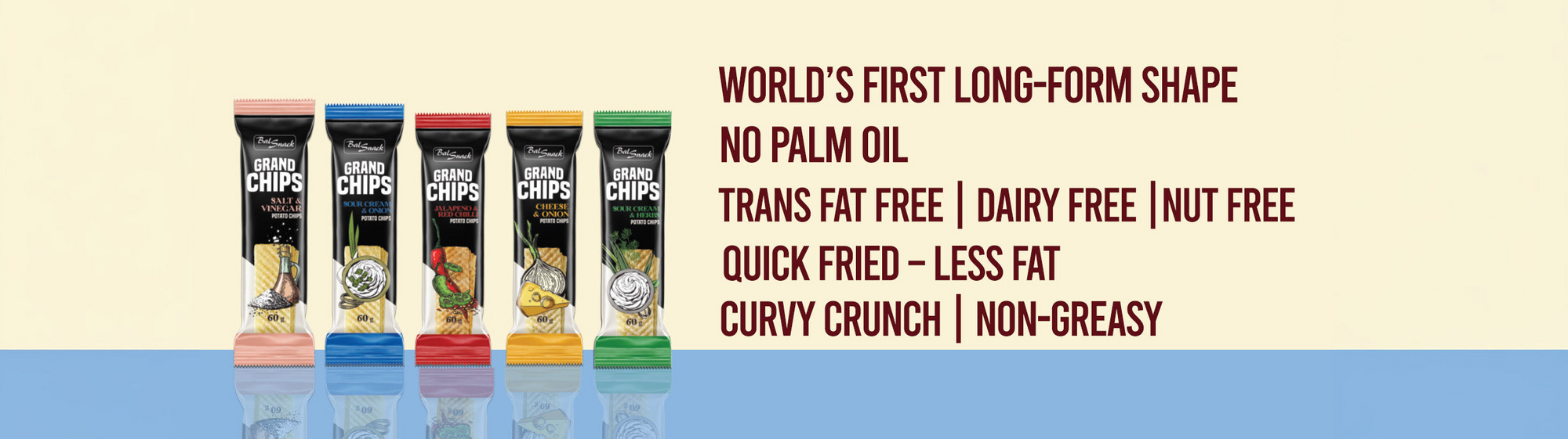 Row of snack packages with text highlighting health benefits on a beige and blue gradient background