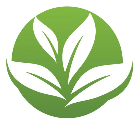 Green icon with three white leaves on a white background