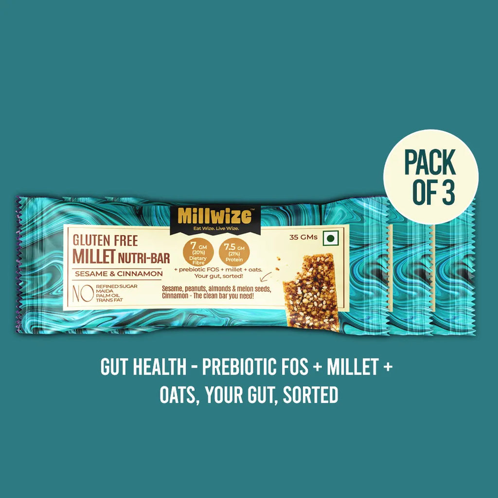 A pack of Millwize Gluten Free Millet Nutri-Bar bars in a 3-pack, featuring a teal and blue swirled pattern with a beige label. The packaging includes a 'PACK OF 3' badge and promotional text below on a solid teal background.