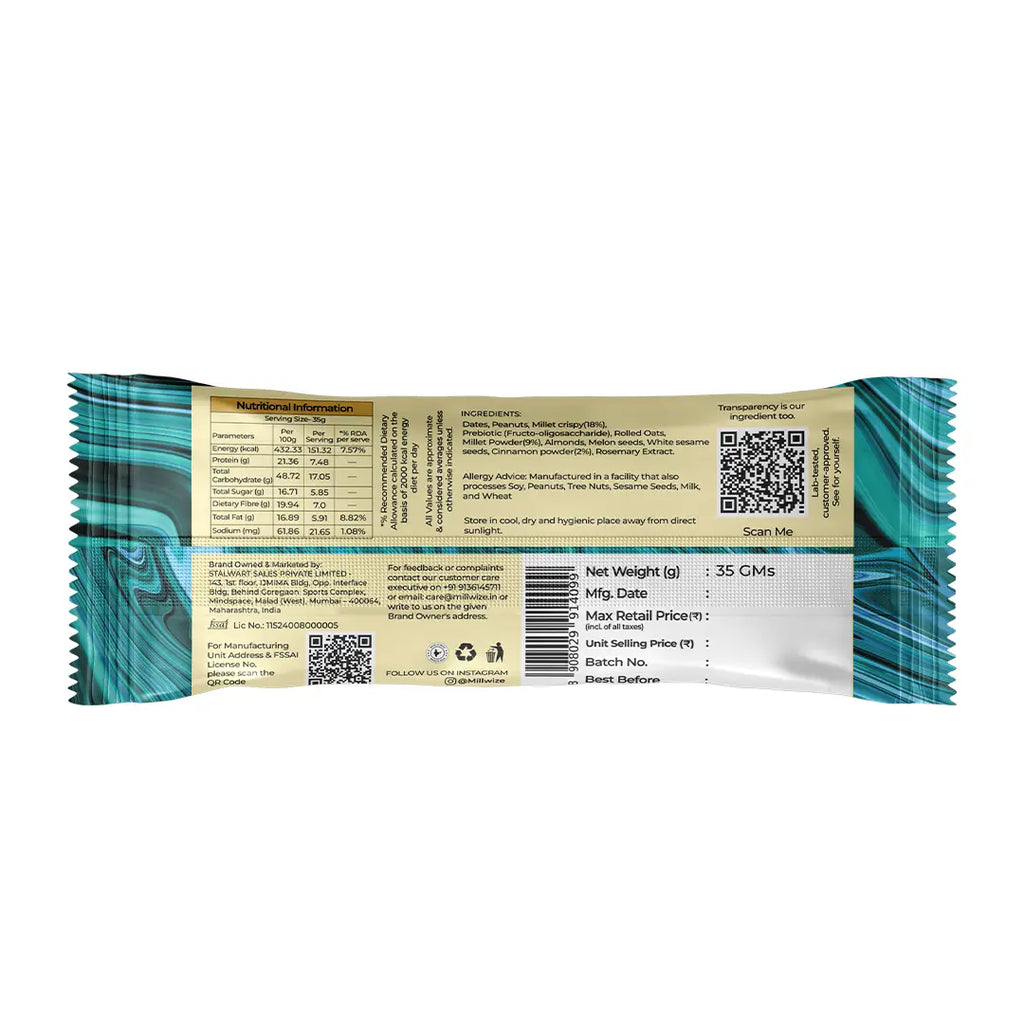 The back of a packaged food product wrapper, showing nutrition facts, ingredients, QR codes, and product details on a white background.